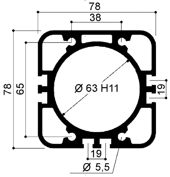 Aluminum profile for compact pneumatic cylinders bore diameter 63mm