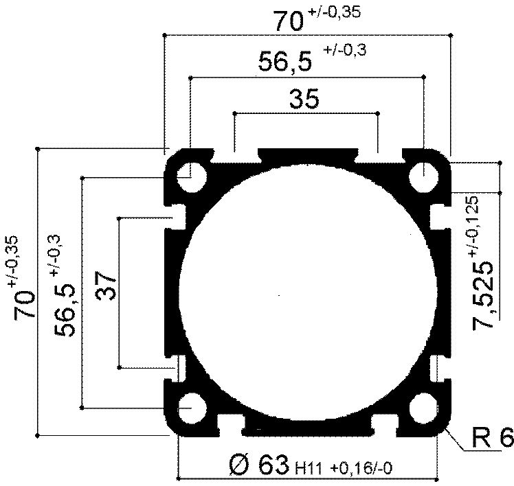 Aluminum profile for pneumatic cylinders bore diameter 63mm