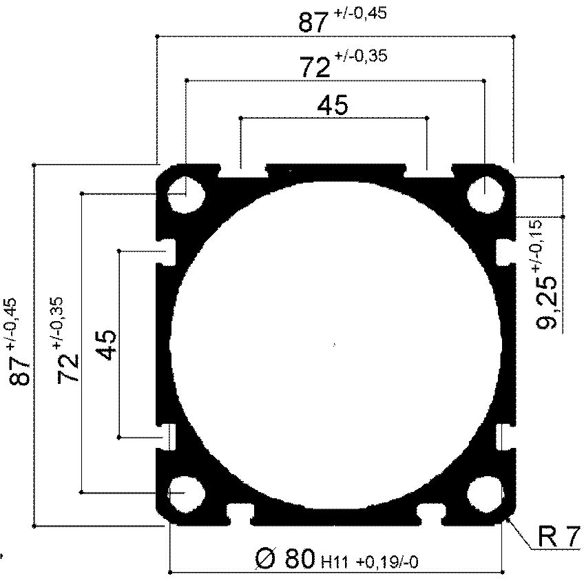 Aluminum tube for square pneumatic cylinders diameter 80mm